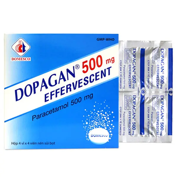 Dopagan 500mg Effervescent, giảm đau tạm thời trong đau vừa và nhẹ (Hộp 16 viên)